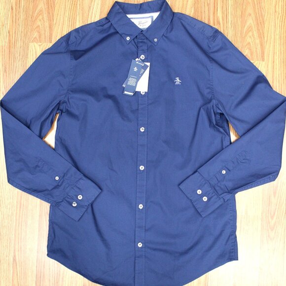 NEW! PENGUIN REGULAR FIT COTTON/SPANDEX SHIRT NAVY BLUE Sz MEDIUM, M - Picture 1 of 5